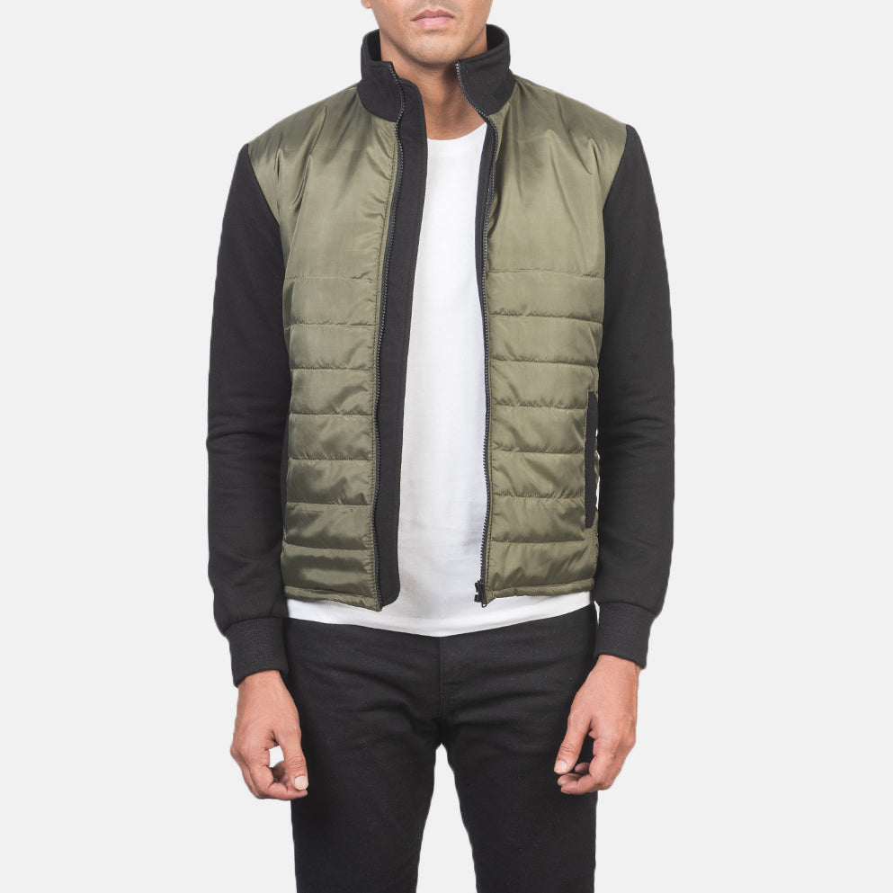 Men's Nashville Acolchado Verde Windbreaker Chaqueta de Cuero para Hombre in Green &amp; Black Nylon (Torso) &amp;Amp; Knitted Fabric (Sleeves) - Vista frontal y silueta a medida | Comprar online