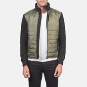 Men's Nashville Acolchado Verde Windbreaker Chaqueta de Cuero para Hombre in Green &amp; Black Nylon (Torso) &amp;Amp; Knitted Fabric (Sleeves) - Vista frontal y silueta a medida | Comprar online