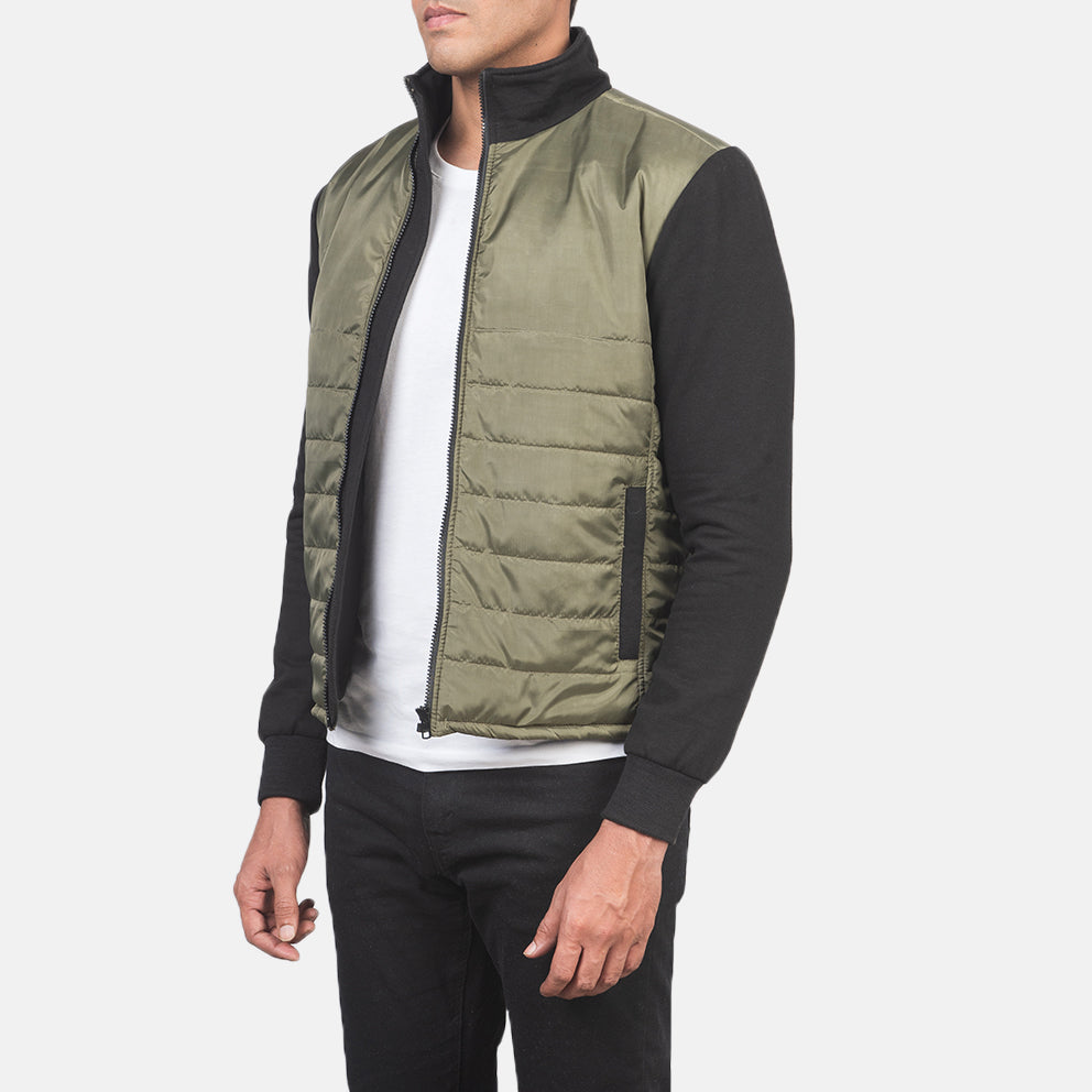 Green &amp; Black Nylon (Torso) &amp;Amp; Knitted Fabric (Sleeves) Winter Jacket - Vista trasera con ajuste entallado en hombros y bajo impecable
