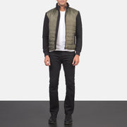 Men's Nashville Acolchado Verde Windbreaker Chaqueta de Cuero para Hombre - Vista de perfil lateral con corte ergonómico de manga