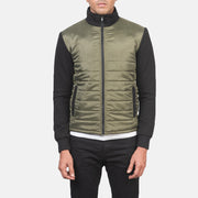 Detalle de cerca of High Neck &amp; Zipper with wind flap Hardware on Men's Nashville Acolchado Verde Windbreaker Chaqueta de Cuero para Hombre
