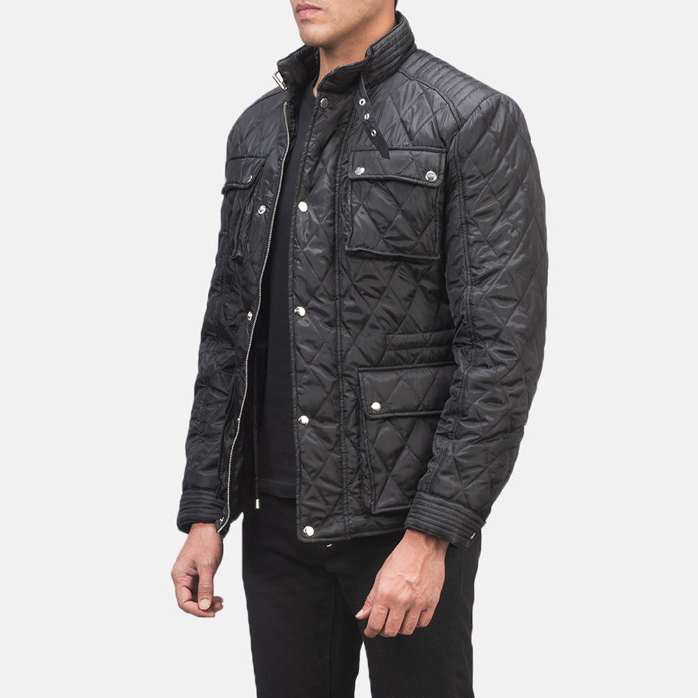 Orient Grain Acolchado Negro Chaqueta Biker de Cuero para Mujer - Vista posterior con hombros definidos y bajo impecable