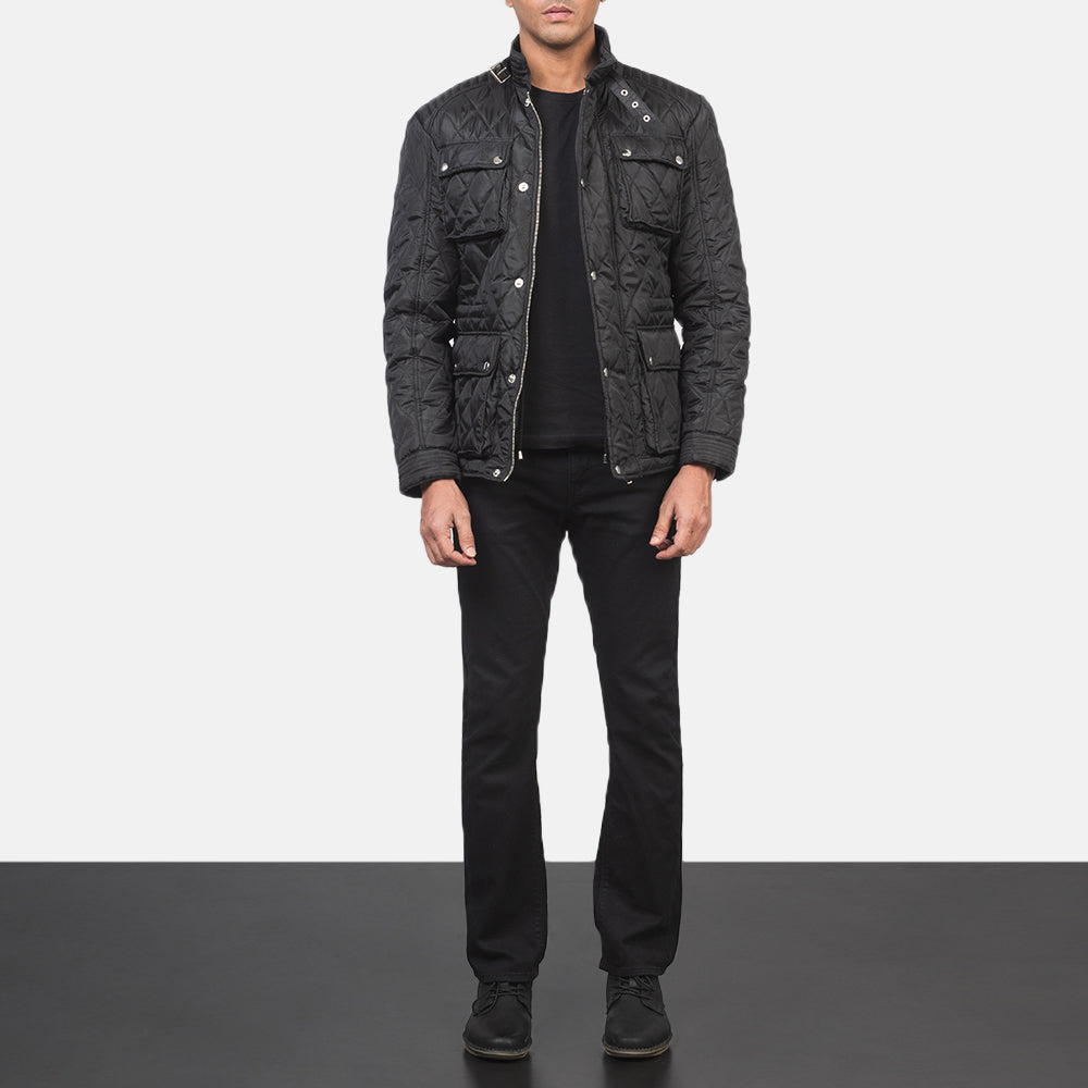 Men's Nelson Acolchado Negro Windbreaker Chaqueta de Cuero para Hombre - Vista de perfil lateral con corte ergonómico de manga