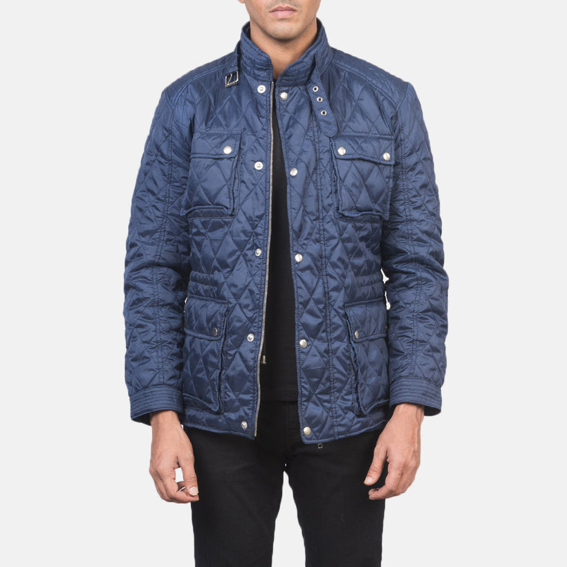 Nelson Acolchado Azul Windbreaker Chaqueta de Cuero para Hombre