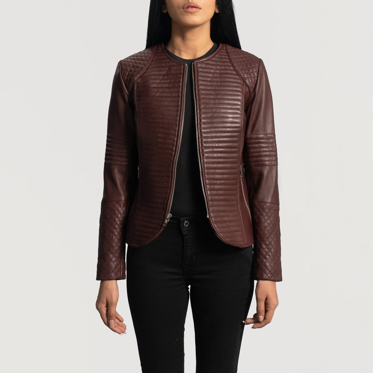 Women's Nexi Quilted Maroon Leather Jacket - Vista de perfil lateral con corte ergonómico de manga