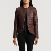 Women's Nexi Quilted Maroon Leather Jacket - Vista de perfil lateral con corte ergonómico de manga