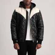 
Norman Tan Hooded Bomber Leather Puffer Jacket in Tan Brown Sheepskin Leather - Vista frontal y silueta entallada | Comprar online