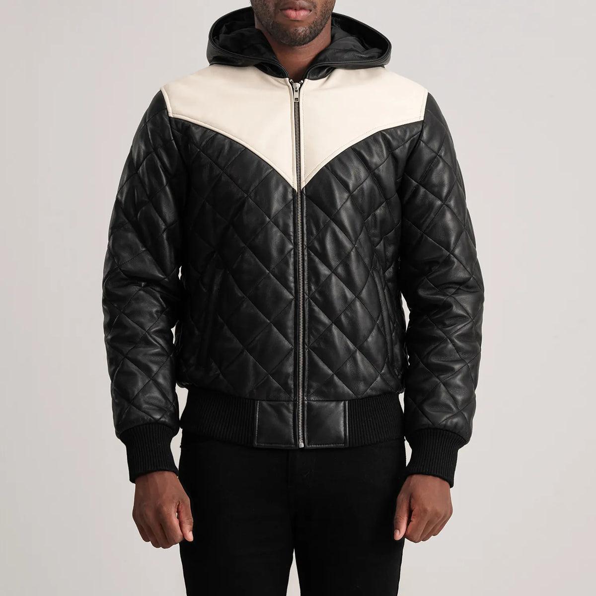 
Vista de detalle of Hooded & Zipper Hardware on Norman Tan Hooded Bomber Leather Puffer Jacket