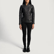 
Vista de detalle of Band & Zipper Hardware on Orient Grain Acolchado Negro Chaqueta Biker de Cuero para Mujer