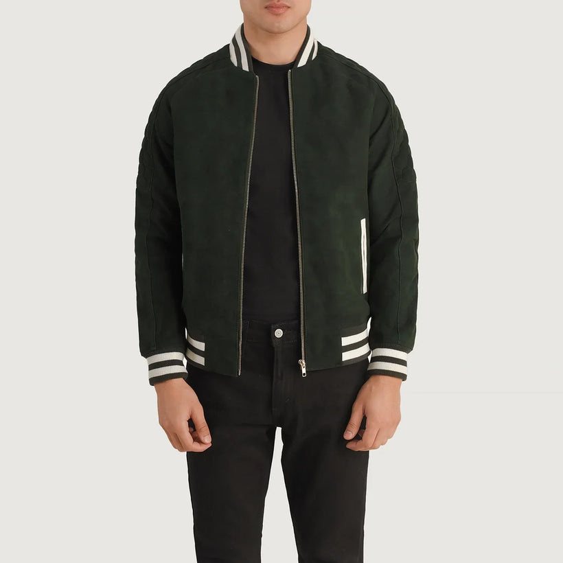 Pascal Verde Suede Varsity Chaqueta de Cuero para Hombre
