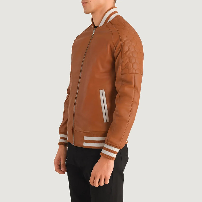 Pascal Tostado Marrón Leather Varsity Chaqueta de Cuero para Hombre