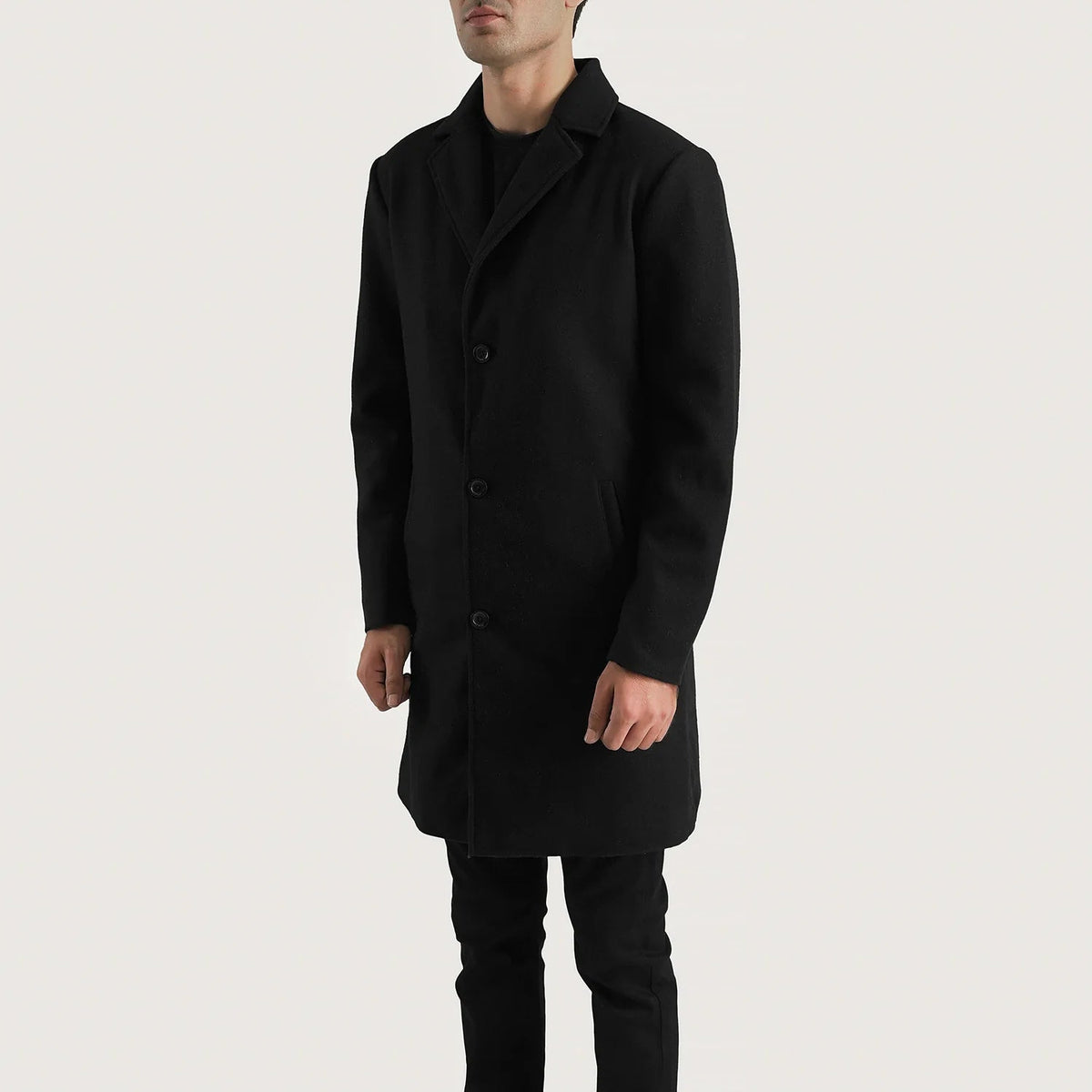 
Black Synthetic Wool Trench Coat - Vista posterior con hombros definidos y bajo impecable