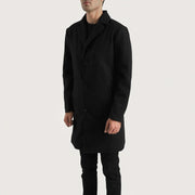 
Black Synthetic Wool Trench Coat - Vista posterior con hombros definidos y bajo impecable