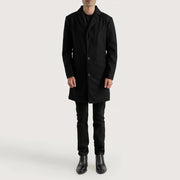 
Petrillo Negro Wool Single Breasted Abrigo de Cuero para Hombre - Vista lateral mostrando el corte ergonómico de mangas