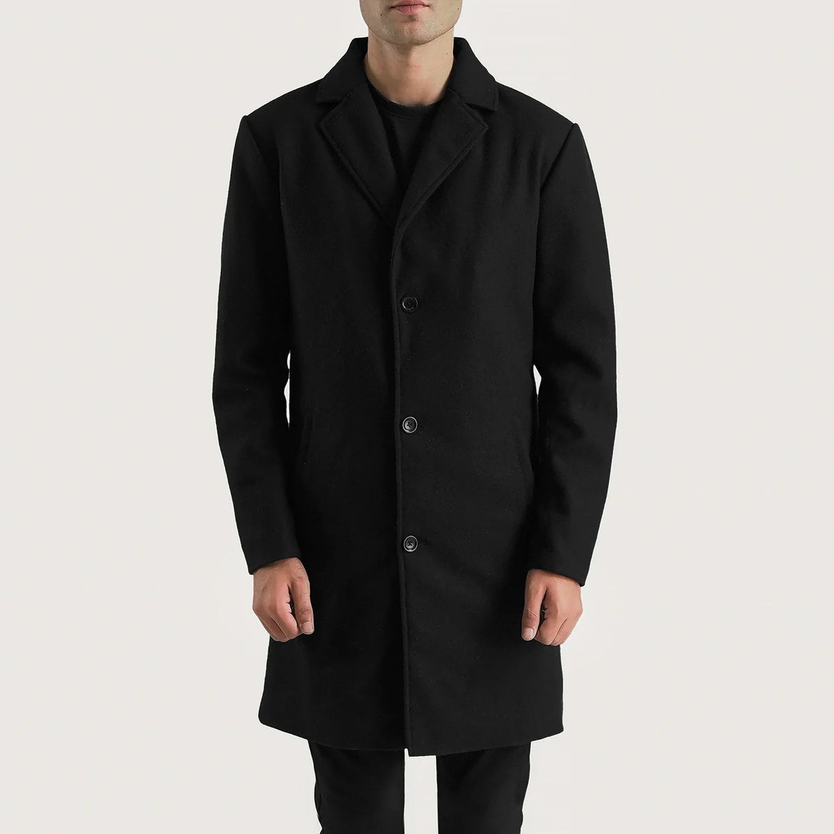 
Vista de detalle of Notch & Button Hardware on Petrillo Negro Wool Single Breasted Abrigo de Cuero para Hombre
