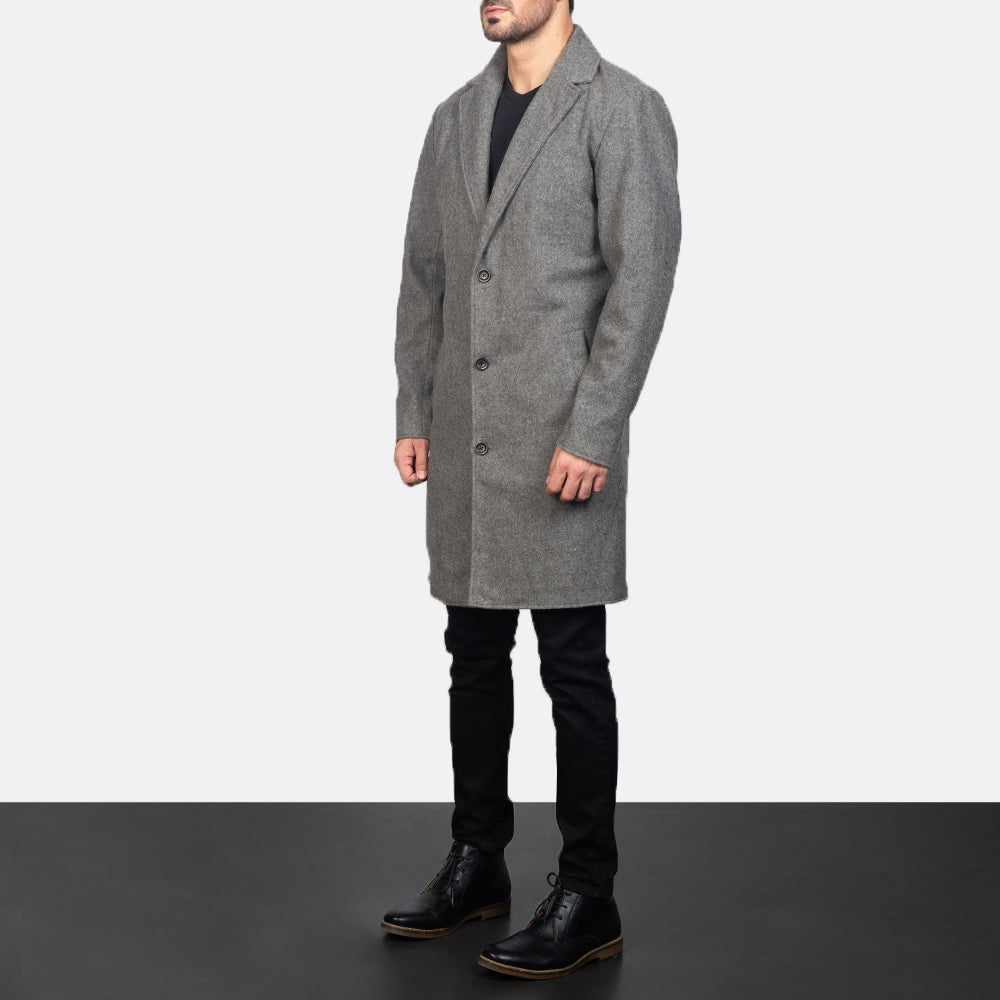 
Grey Synthetic Wool Trench Coat - Vista posterior con hombros definidos y bajo impecable