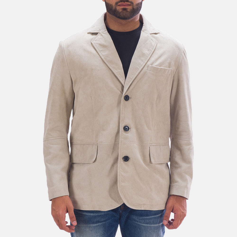 Men's Professor By Day Suede Blazer in Off White (Greyish) Goatskin Suede - Vista frontal y silueta a medida | Comprar online
