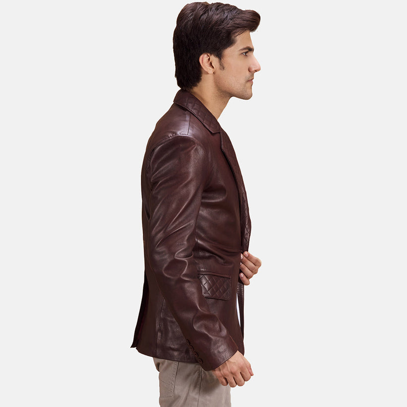 Radaron Acolchado Granate Blazer de Cuero de Cuero para Hombre