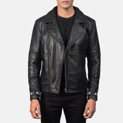 Men's Raiden Black Leather Biker Jacket in Black Cowhide Leather - Vista frontal y silueta a medida | Comprar online
