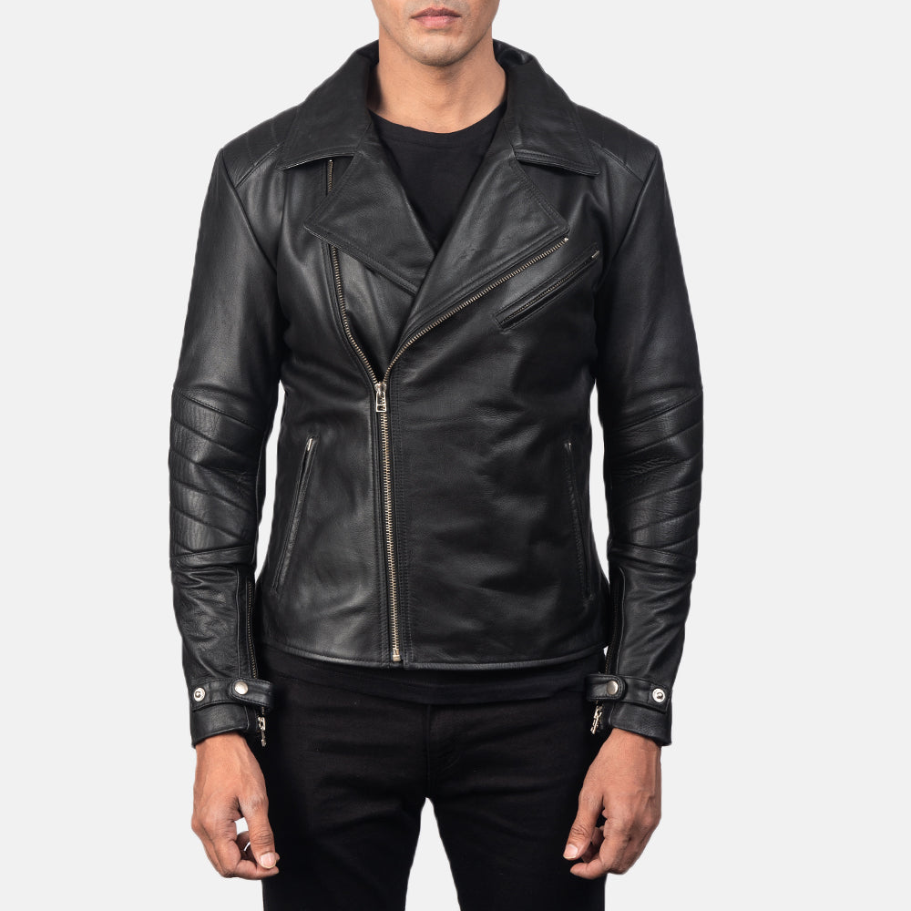 Detalle de cerca of Notch &amp; Zipper Hardware on Men's Raiden Black Leather Biker Jacket