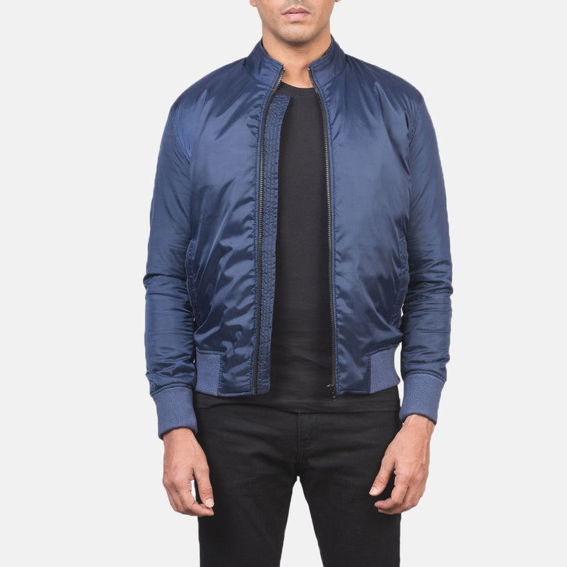 Ramon Azul Chaqueta Bomber de Cuero para Hombre