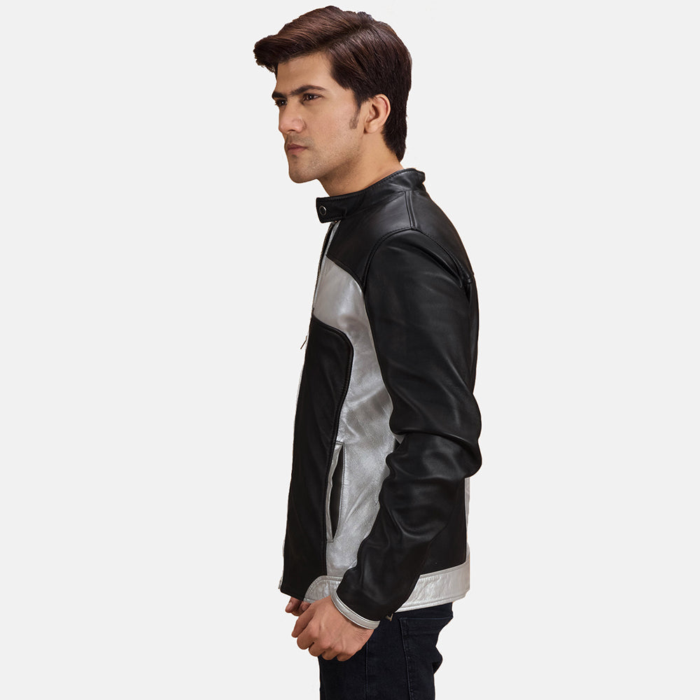 Black &amp; silver Sheepskin Leather Biker Jacket - Vista trasera con ajuste entallado en hombros y bajo impecable