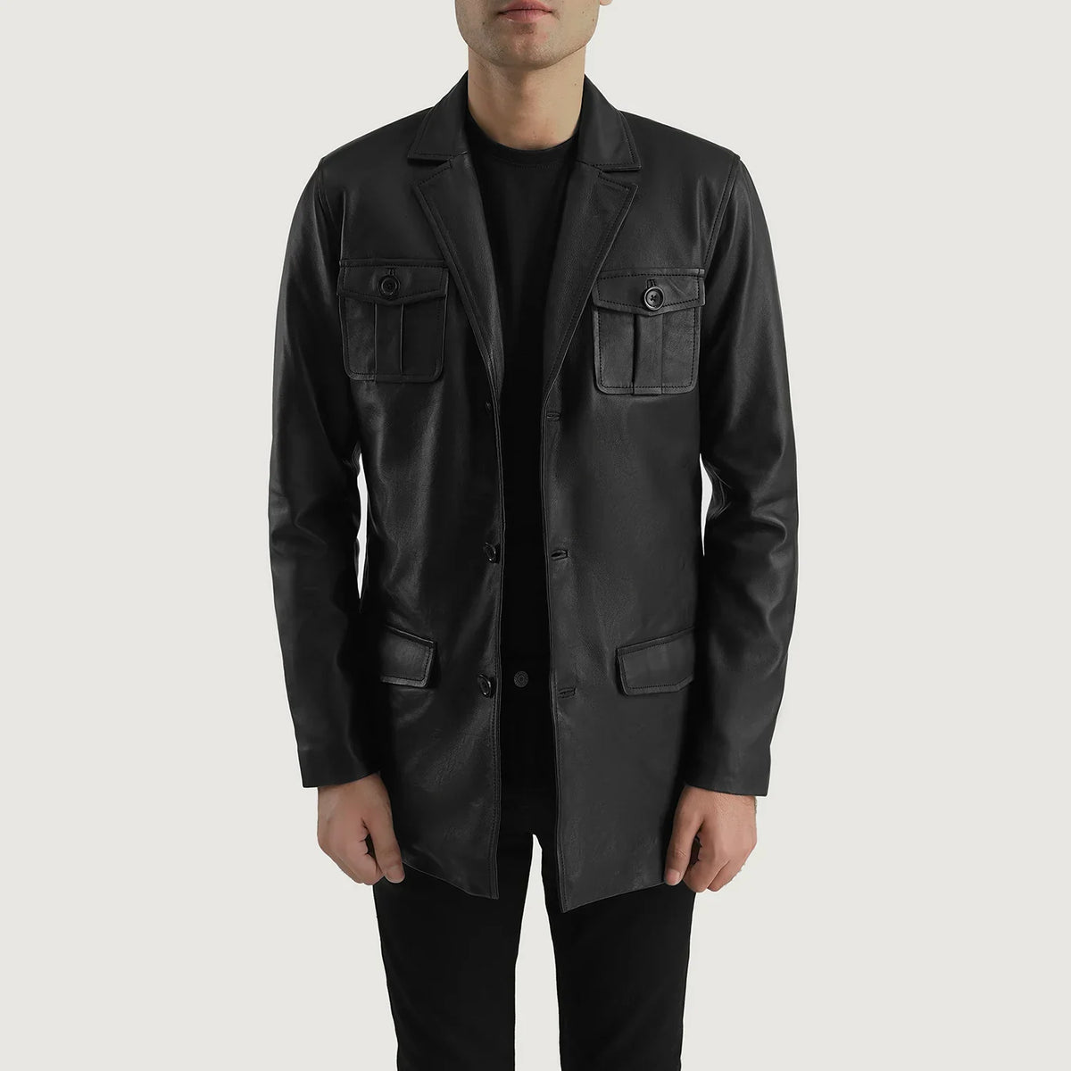 Ray Cutler Black Leather Blazer in Black Sheepskin Leather - Vista frontal y silueta a medida | Comprar online