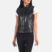 
Vista de detalle of Band & Zipper Hardware on Rayne Moto Negro Chaleco de Cuero para Mujer