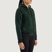 
Green Goatskin Suede Bomber Jacket - Vista posterior con hombros definidos y bajo impecable