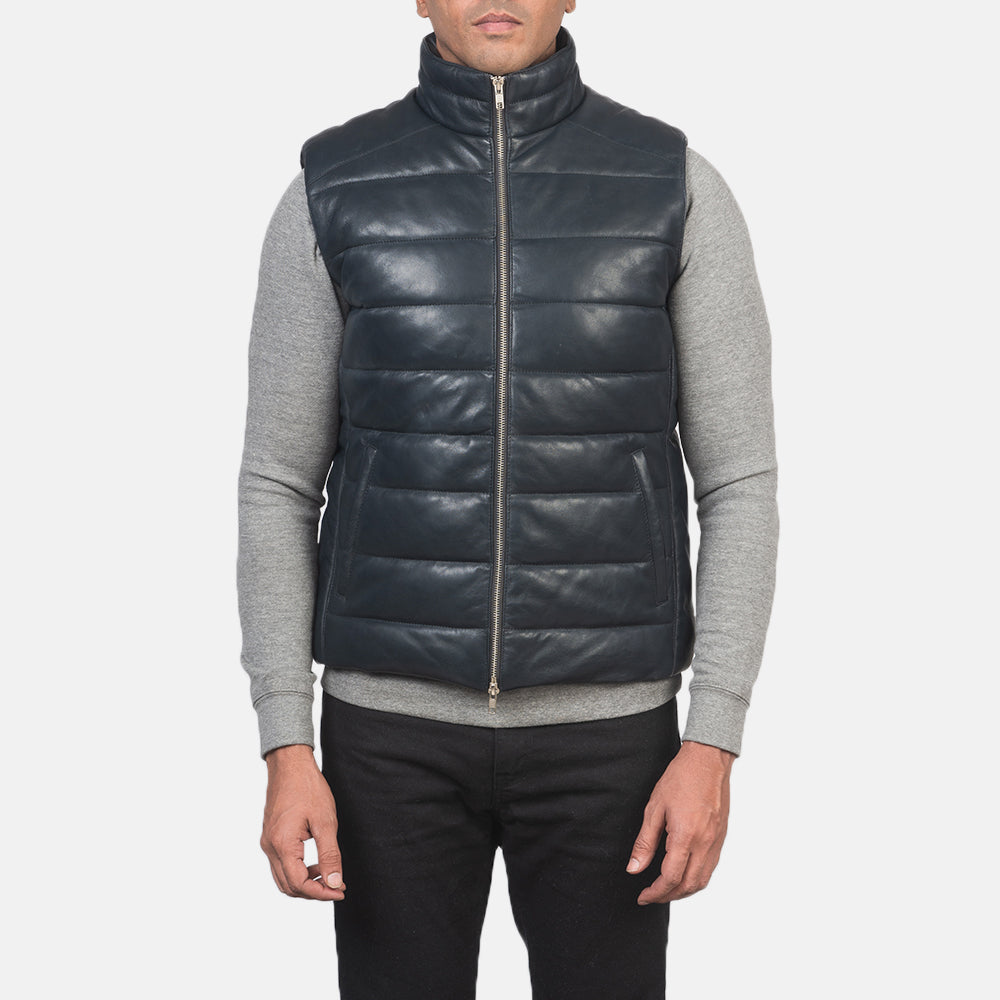 
Vista de detalle of Classic Collar & Zipper with Dual Puller Hardware on Reeves Azul Leather Chaleco acolchado para Hombre