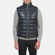 
Vista de detalle of Classic Collar & Zipper with Dual Puller Hardware on Reeves Azul Leather Chaleco acolchado para Hombre