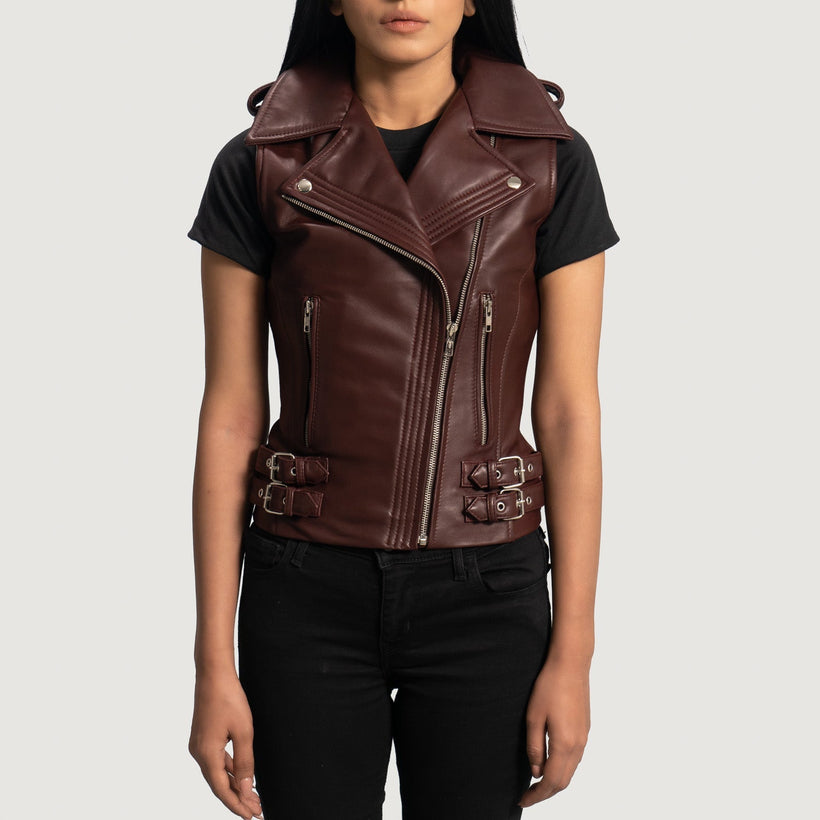 Rhonda Granate Leather Biker Vest para Mujer