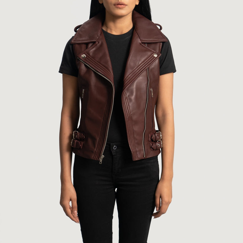 Rhonda Granate Leather Biker Vest para Mujer