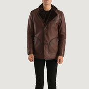 Men's Rocky Brown Fur Leather Coat in Distressed Brown Sheepskin Burnishing - Front Profile View & Tailored Silhouette | Buy Online