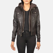 Women's Roslyn Brown Hooded Leather Bomber Jacket in Brown Sheepskin Leather - Vista frontal y silueta a medida | Comprar online