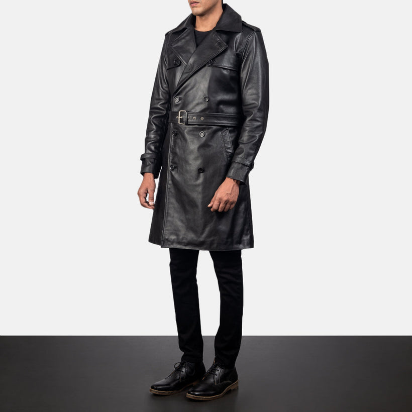 Royson Negro Leather Duster Abrigo de Cuero para Hombre
