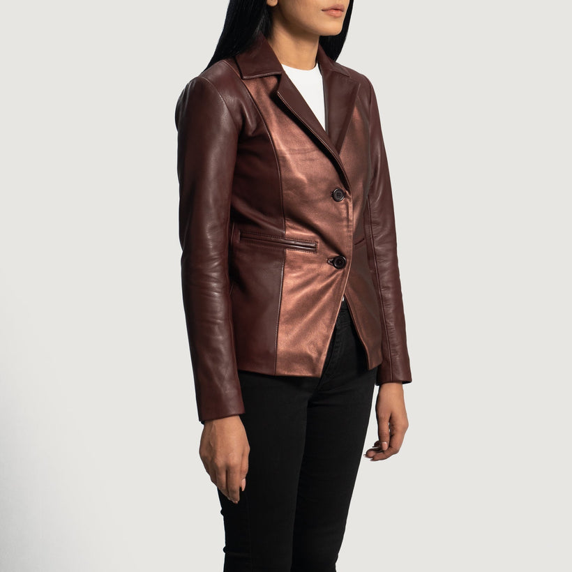 Ruby Metallic Granate Blazer de Cuero de Cuero para Mujer