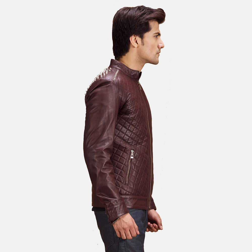 Maroon Sheepskin Leather Biker Jacket - Vista trasera con ajuste entallado en hombros y bajo impecable