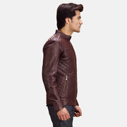Maroon Sheepskin Leather Biker Jacket - Vista trasera con ajuste entallado en hombros y bajo impecable