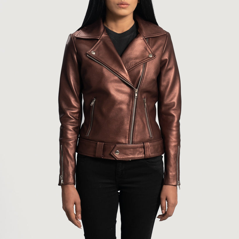 Rumy Granate Chaqueta Biker de Cuero para Mujer