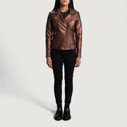 
Vista de detalle of Notch & Zipper Hardware on Rumy Maroon Leather Biker Jacket