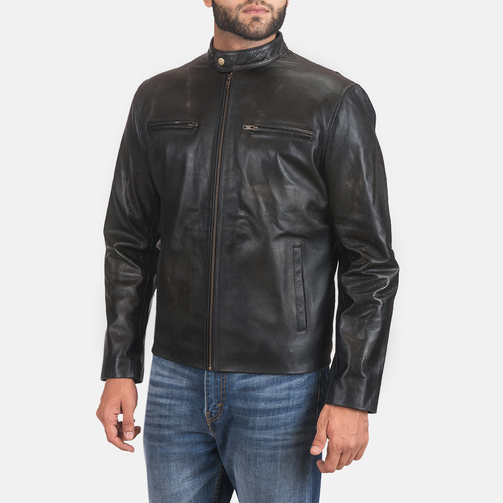 Distressed Black Cowhide Leather Biker Jacket - Vista trasera con ajuste entallado en hombros y bajo impecable
