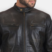 Detalle de cerca of Band with snap button &amp; Zipper Hardware on Rustic Black Leather Biker Jacket