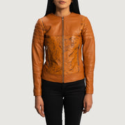 
Sandy Tostado Dye Chaqueta Biker de Cuero para Mujer in Tan Brown Sheepskin Dip &Amp; Dye - Vista frontal y silueta entallada | Comprar online