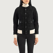 
Vista de detalle of Knit Rib & Buttons Hardware on Sasha A1 Black Suede Bomber Jacket