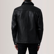 Detalle de cerca of Shirt &amp; Zipper Hardware on Sean Negro Leather Classic Chaqueta de Cuero para Hombre For Men