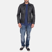 
Primer plano del cuello camisero y cremalleras de Sergeant Negro Chaqueta de Cuero para Hombre