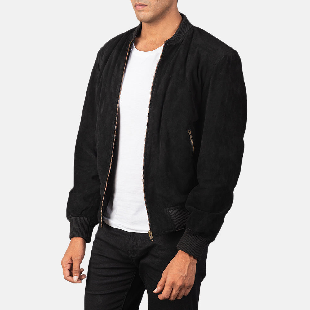 
Black Goatskin Suede Bomber Jacket - Vista posterior con hombros definidos y bajo impecable