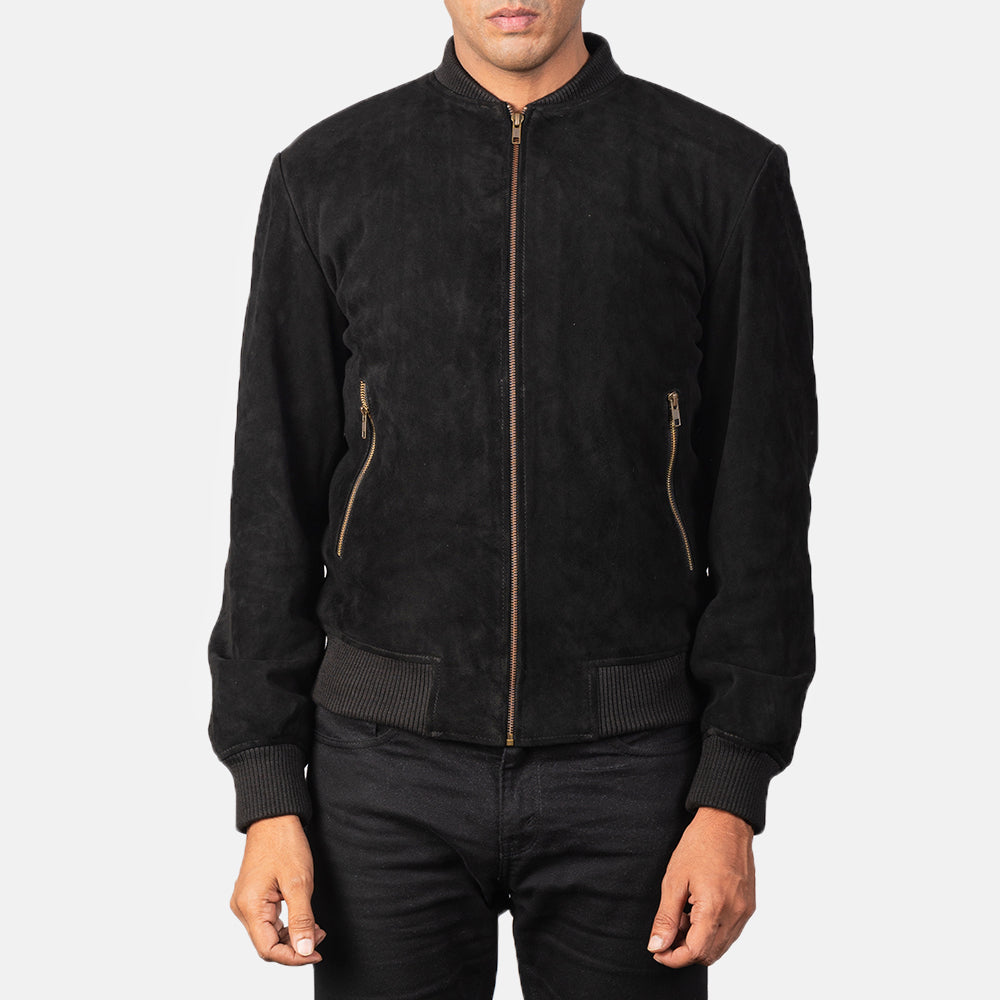 
Vista de detalle of Varsity & Zipper Hardware on Shane Negro Suede Chaqueta Bomber de Cuero para Hombre
