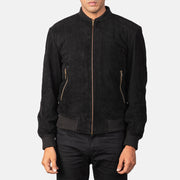 
Vista de detalle of Varsity & Zipper Hardware on Shane Negro Suede Chaqueta Bomber de Cuero para Hombre